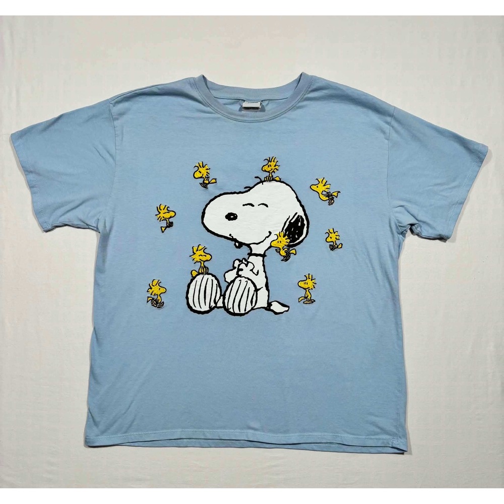 Peanuts Snoopy Woodstock Embroidered Graphic T-Shirt Light Blue XL